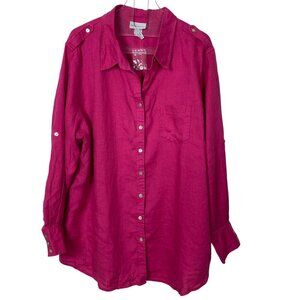 Soft Surroundings Pink Linen Blouse Tunic 3X Roll Tab Sleeve Button Up Fuschia